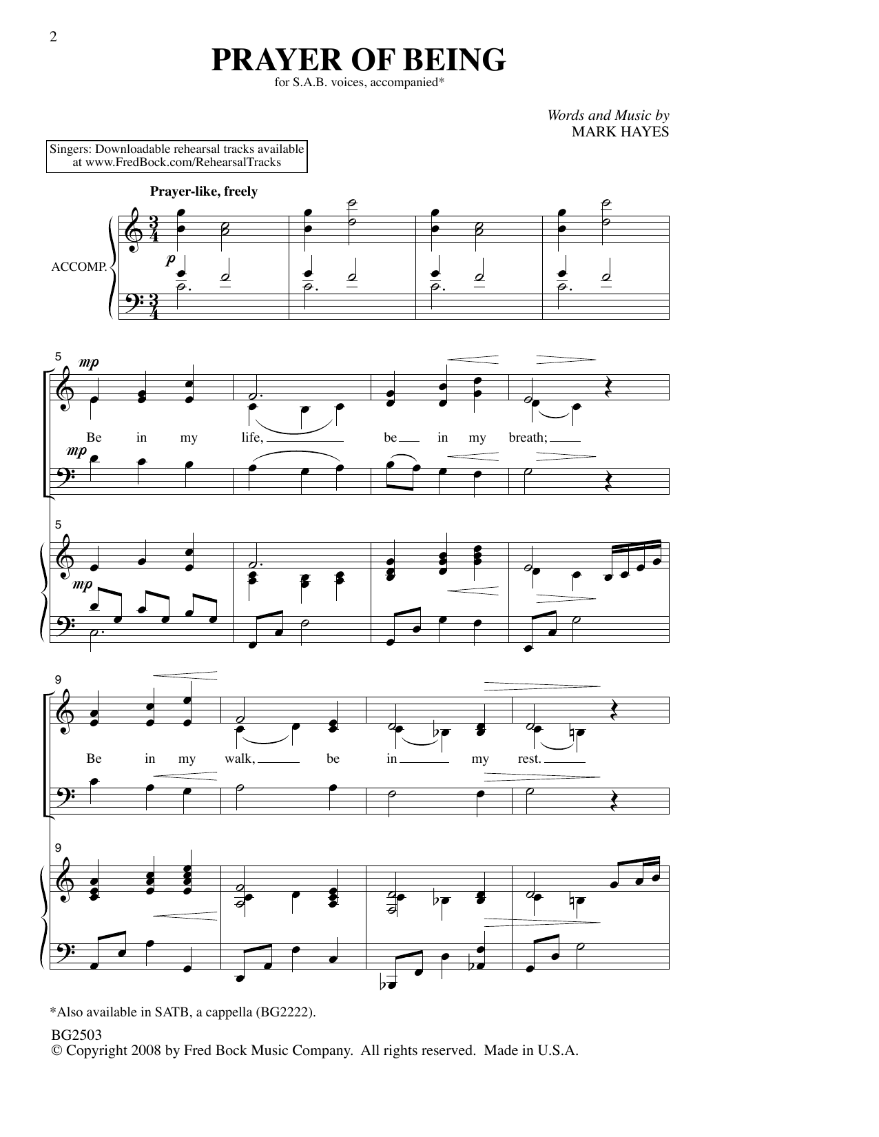 Mark Hayes Prayer Of Being Sheet Music Notes & Chords for SAB Choir - Download or Print PDF