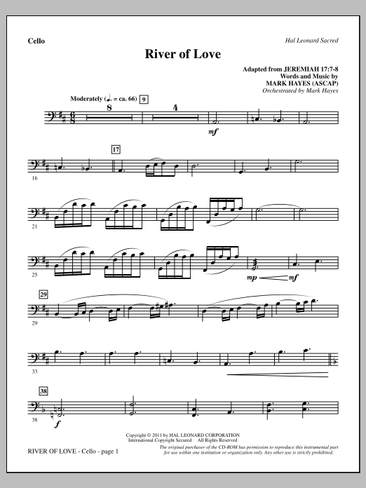 Mark Hayes River Of Love - Cello Sheet Music Notes & Chords for Choir Instrumental Pak - Download or Print PDF