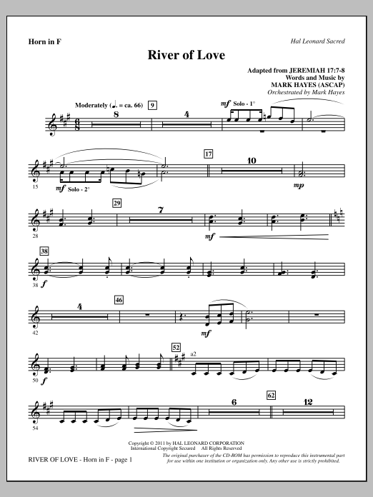 Mark Hayes River Of Love - F Horn Sheet Music Notes & Chords for Choir Instrumental Pak - Download or Print PDF