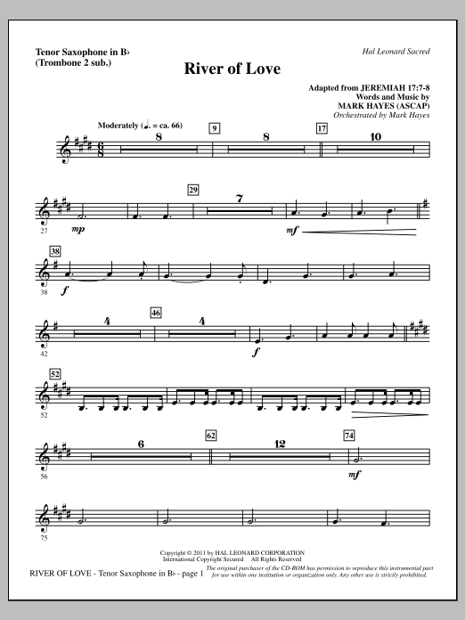 Mark Hayes River Of Love - Tenor Sax (sub. Tbn 2) Sheet Music Notes & Chords for Choir Instrumental Pak - Download or Print PDF