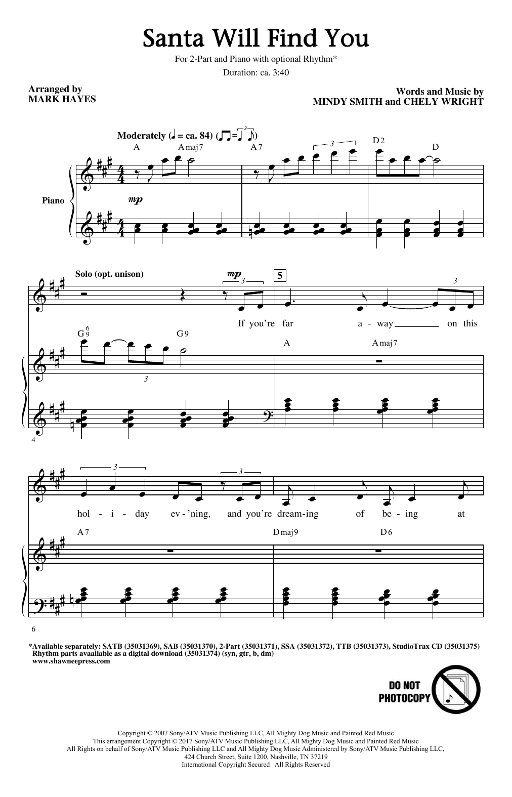 Mark Hayes Santa Will Find You Sheet Music Notes & Chords for 2-Part Choir - Download or Print PDF