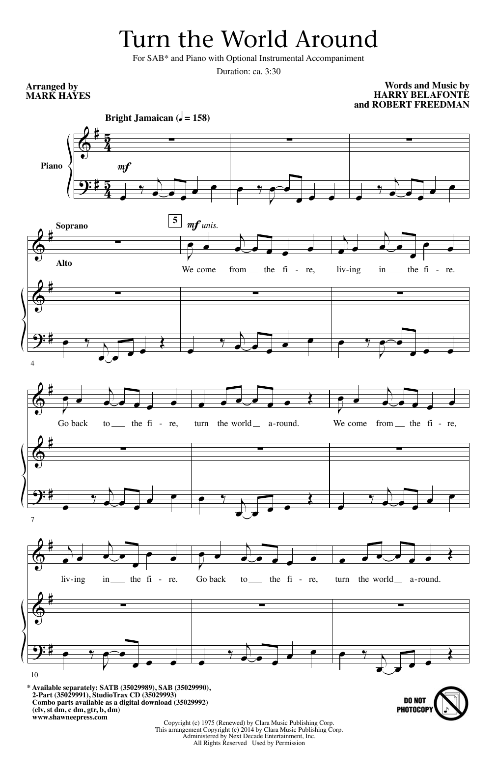 Harry Belafonte Turn The World Around (arr. Mark Hayes) Sheet Music Notes & Chords for SAB - Download or Print PDF