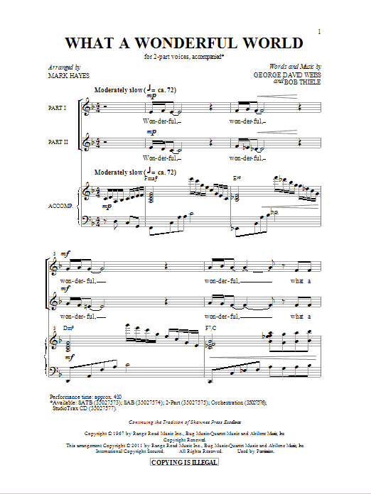 Louis Armstrong What A Wonderful World (arr. Mark Hayes) Sheet Music Notes & Chords for 2-Part Choir - Download or Print PDF