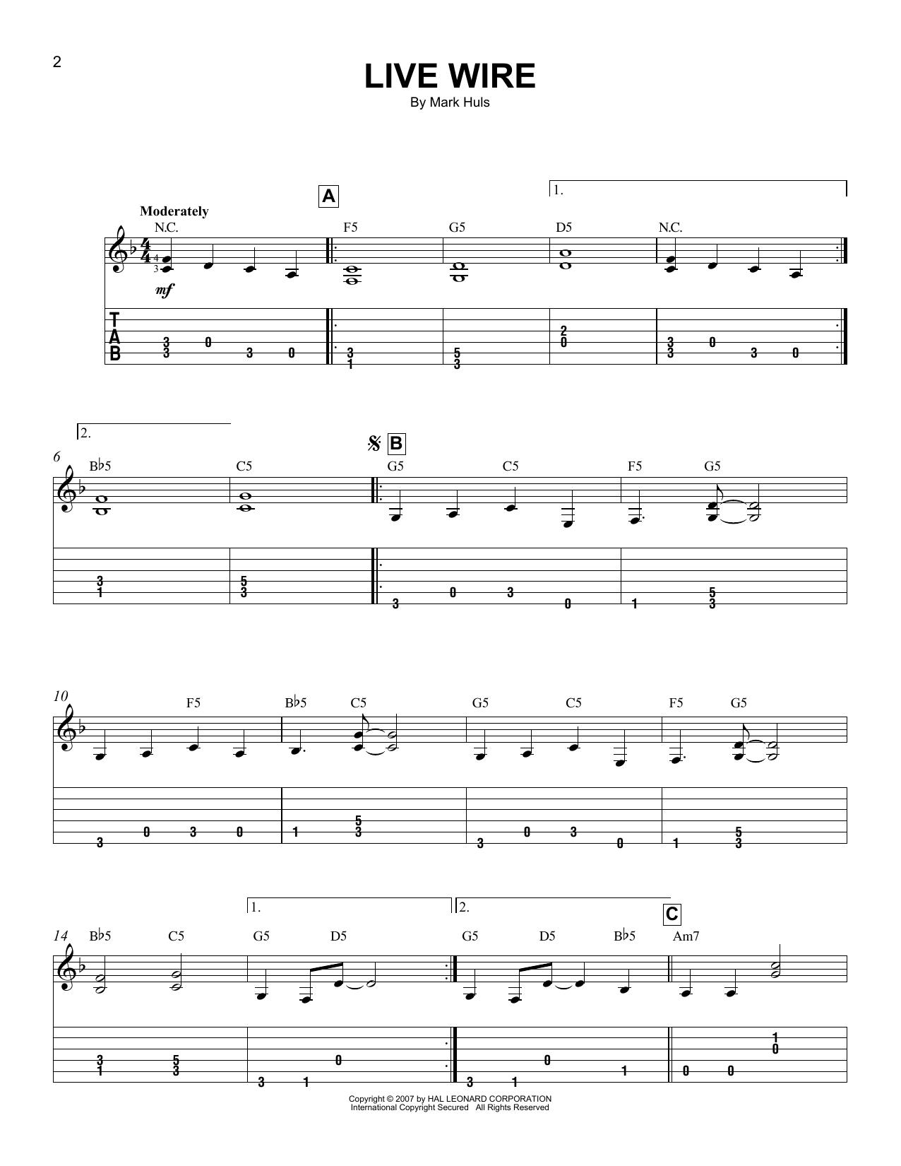 Mark Huls Live Wire Sheet Music Notes & Chords for Easy Guitar Tab - Download or Print PDF