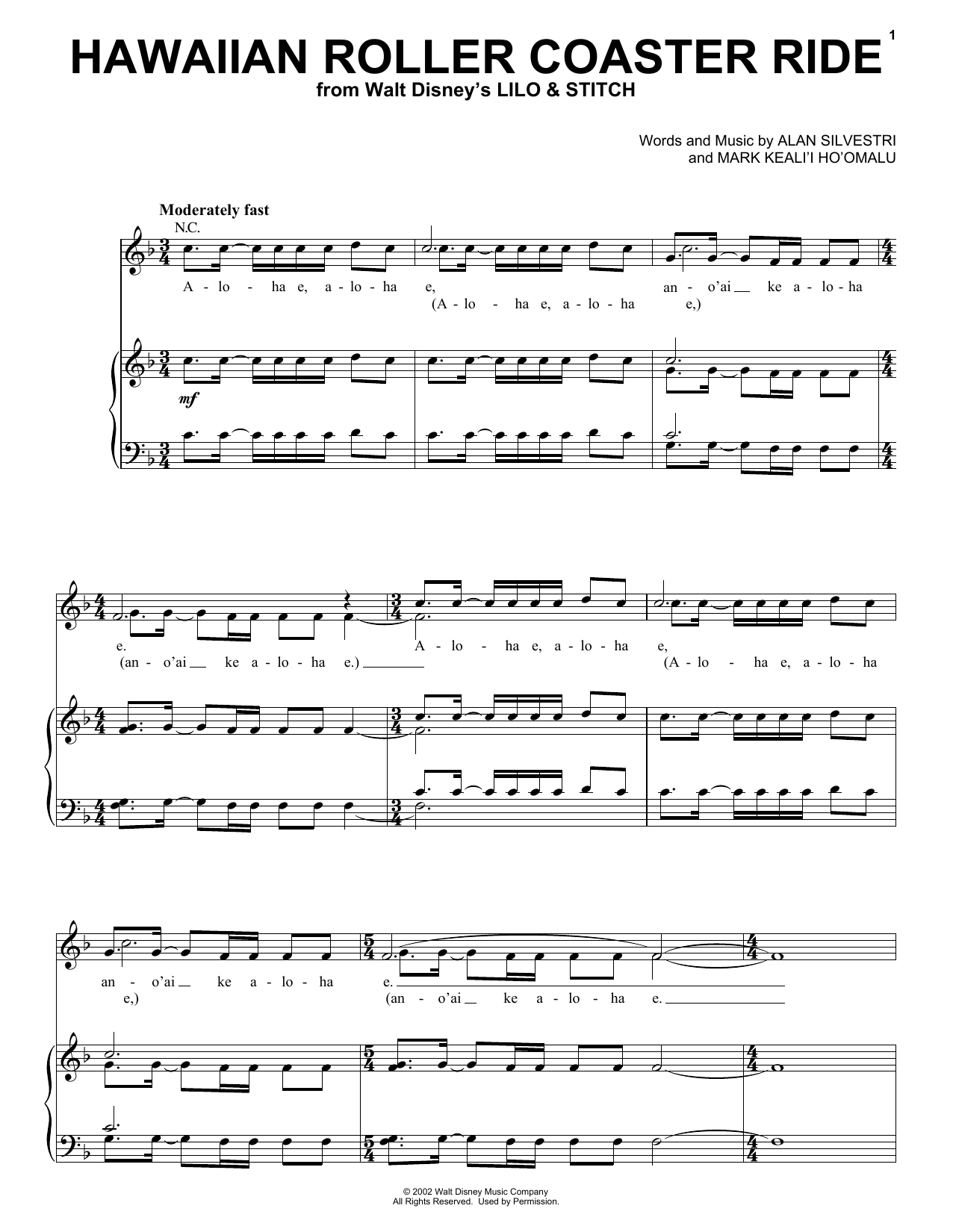 Mark Keali'i Ho'omalu Hawaiian Roller Coaster Ride (from Lilo & Stitch) Sheet Music Notes & Chords for Piano (Big Notes) - Download or Print PDF