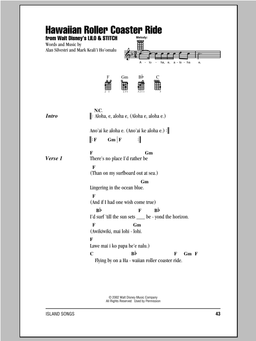 Mark Keali'i Ho'omalu Hawaiian Roller Coaster Ride Sheet Music Notes & Chords for Melody Line, Lyrics & Chords - Download or Print PDF