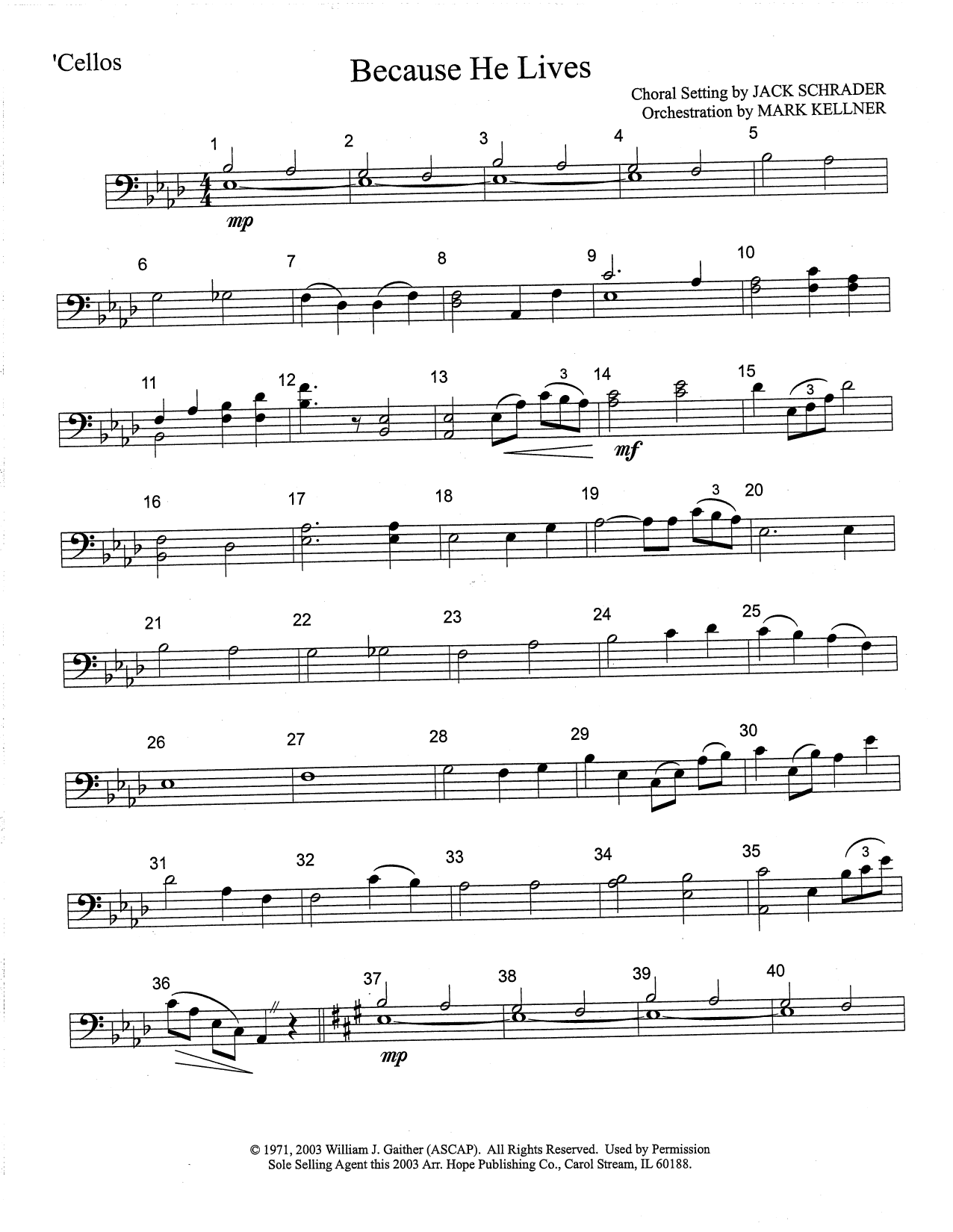 Mark Kellner Because He Lives - Cello Sheet Music Notes & Chords for Choir Instrumental Pak - Download or Print PDF