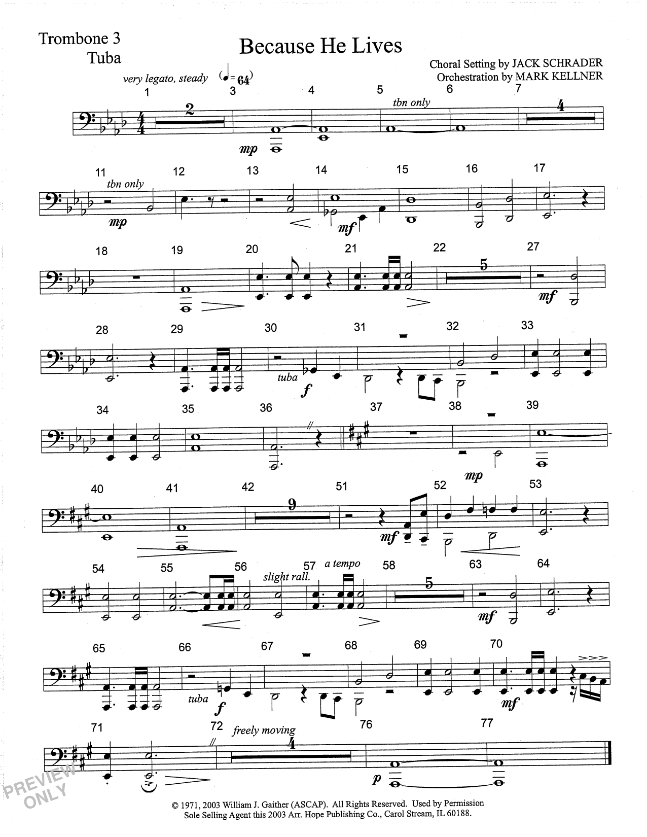 Mark Kellner Because He Lives - Trombone 3/Tuba Sheet Music Notes & Chords for Choir Instrumental Pak - Download or Print PDF