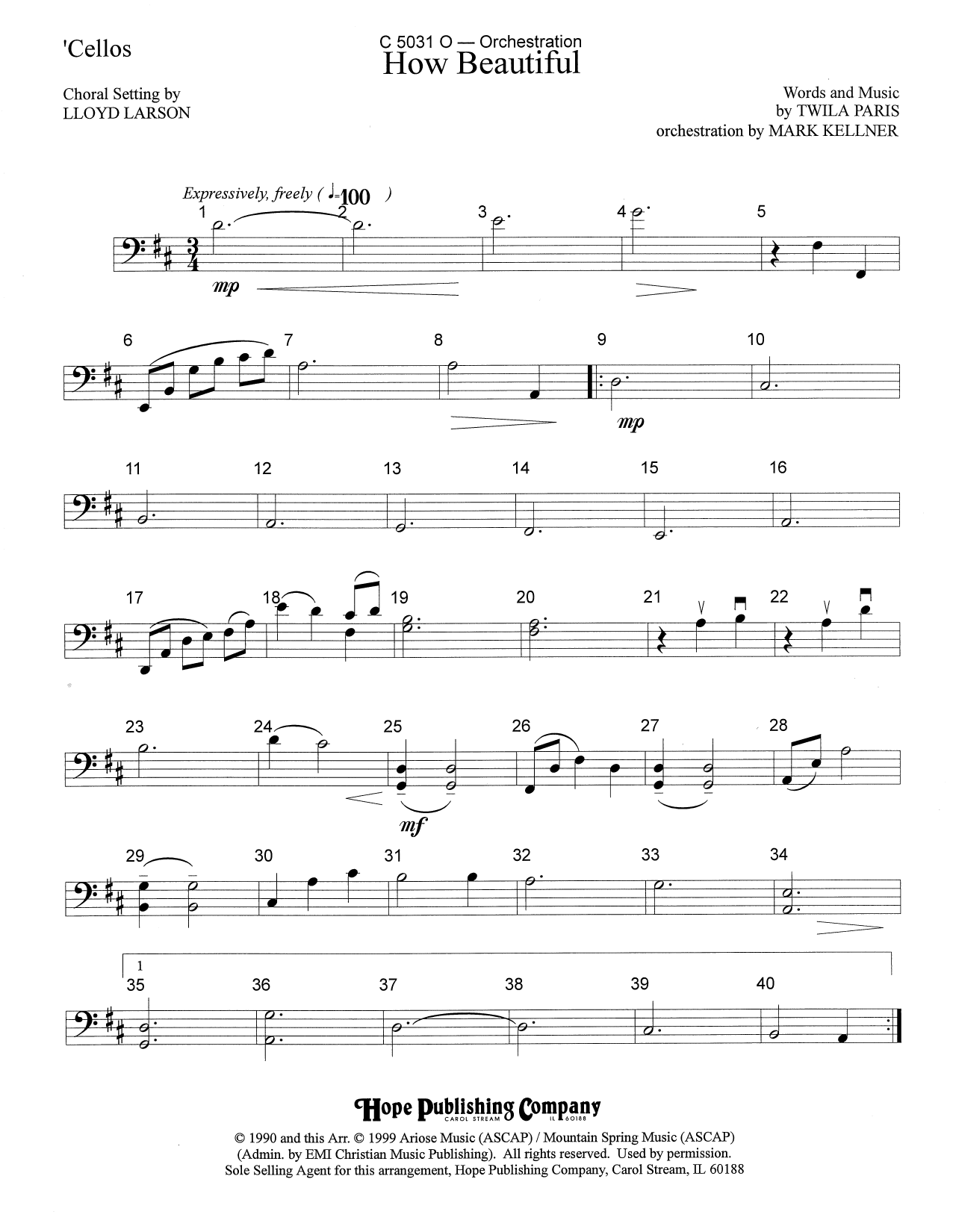 Mark Kellner How Beautiful - Cello Sheet Music Notes & Chords for Choir Instrumental Pak - Download or Print PDF