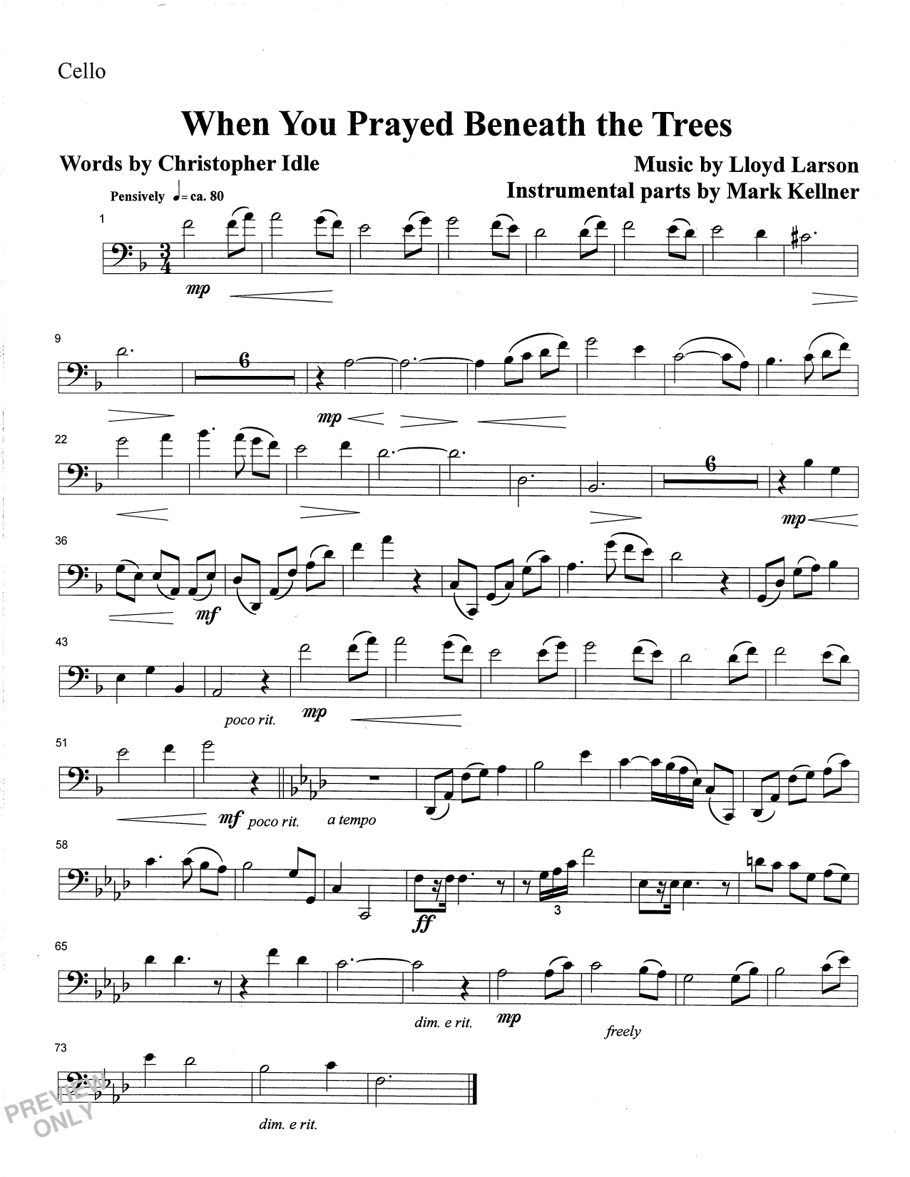 Mark Kellner When You Prayed Beneath The Trees - Cello Sheet Music Notes & Chords for Choir Instrumental Pak - Download or Print PDF
