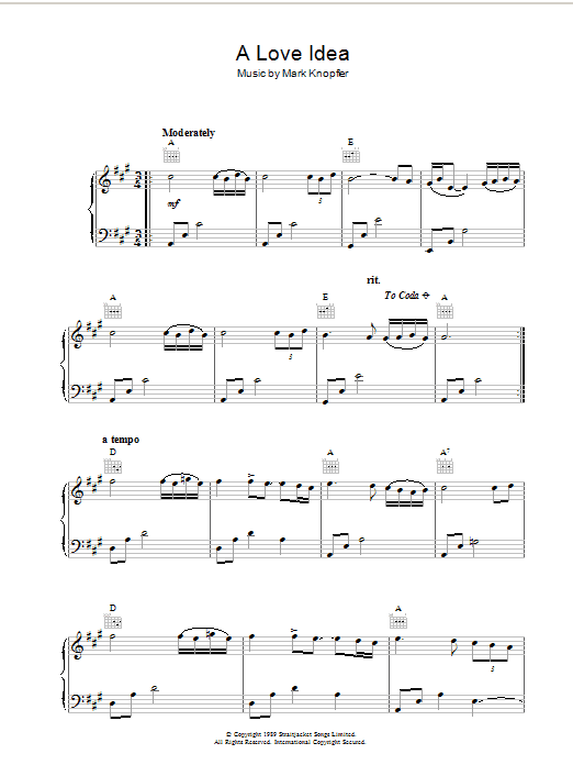 Mark Knopfler A Love Idea (from Last Exit To Brooklyn) Sheet Music Notes & Chords for Piano - Download or Print PDF