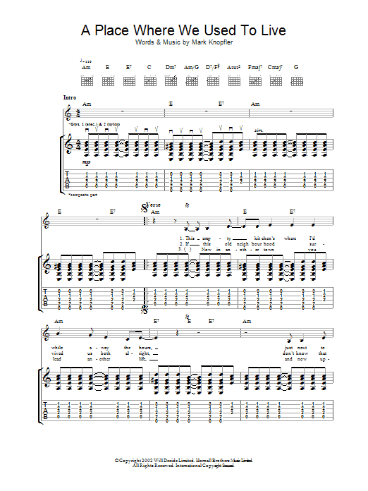Mark Knopfler A Place Where We Used To Live Sheet Music Notes & Chords for Guitar Tab - Download or Print PDF