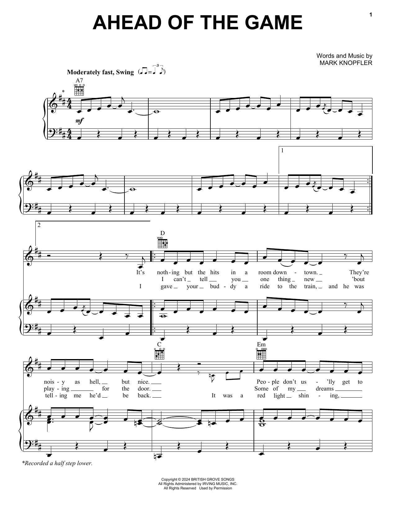 Mark Knopfler Ahead Of The Game Sheet Music Notes & Chords for Piano, Vocal & Guitar Chords (Right-Hand Melody) - Download or Print PDF