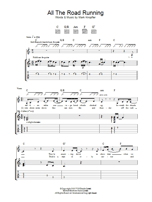 Mark Knopfler All The Road Running Sheet Music Notes & Chords for Guitar Tab - Download or Print PDF