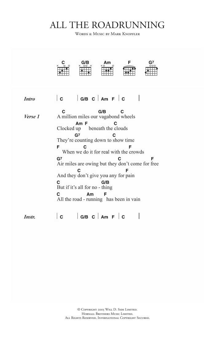 Mark Knopfler All The Roadrunning Sheet Music Notes & Chords for Lyrics & Chords - Download or Print PDF