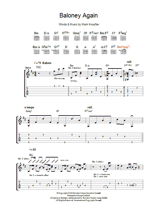 Mark Knopfler Baloney Again Sheet Music Notes & Chords for Guitar Tab - Download or Print PDF