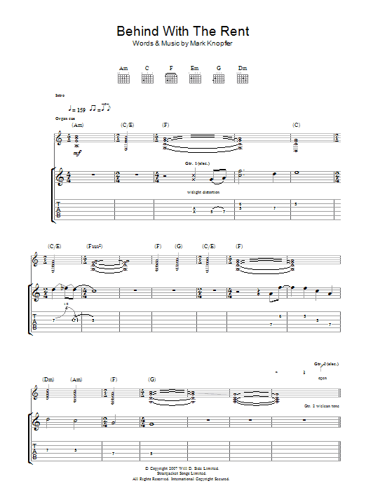 Mark Knopfler Behind With The Rent Sheet Music Notes & Chords for Guitar Tab - Download or Print PDF