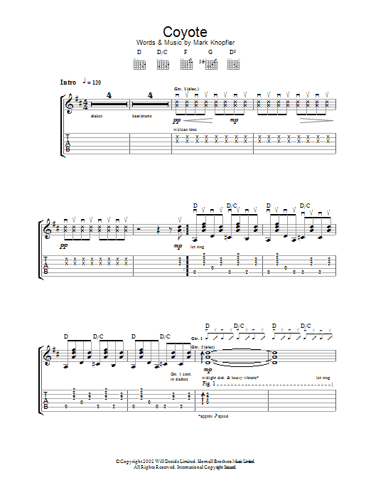 Mark Knopfler Coyote Sheet Music Notes & Chords for Guitar Tab - Download or Print PDF