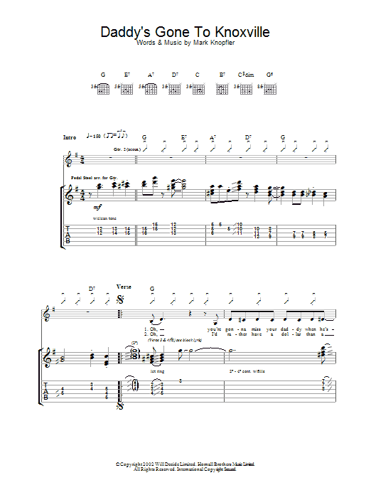 Mark Knopfler Daddy's Gone To Knoxville Sheet Music Notes & Chords for Guitar Tab - Download or Print PDF