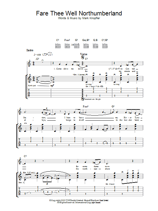 Mark Knopfler Fare Thee Well Northumberland Sheet Music Notes & Chords for Guitar Tab - Download or Print PDF