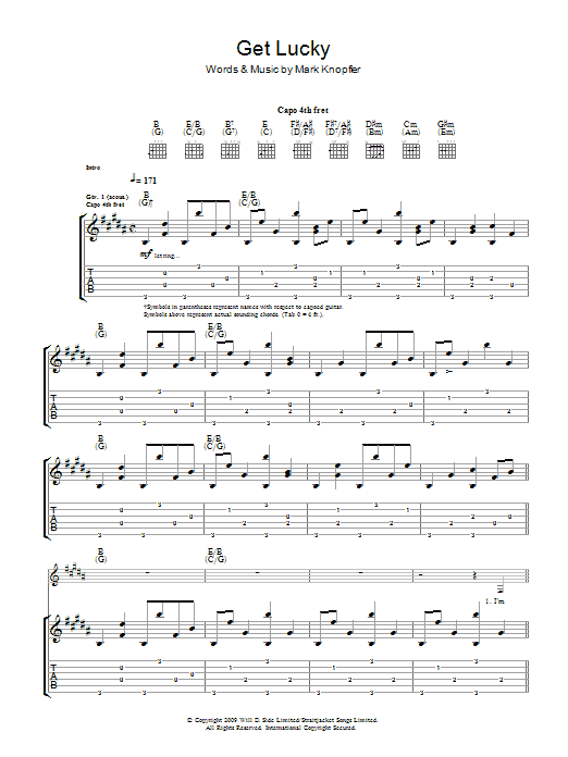 Mark Knopfler Get Lucky Sheet Music Notes & Chords for Guitar Tab - Download or Print PDF