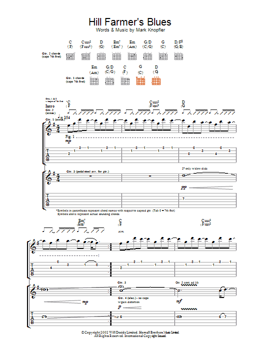 Mark Knopfler Hill Farmer's Blues Sheet Music Notes & Chords for Guitar Tab - Download or Print PDF