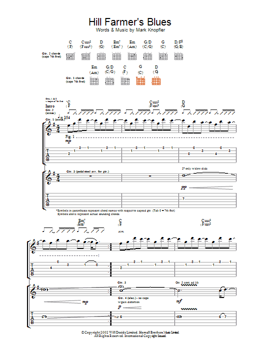 Mark Knopfler Hill Farmer's Blues Sheet Music Notes & Chords for Lyrics & Chords - Download or Print PDF