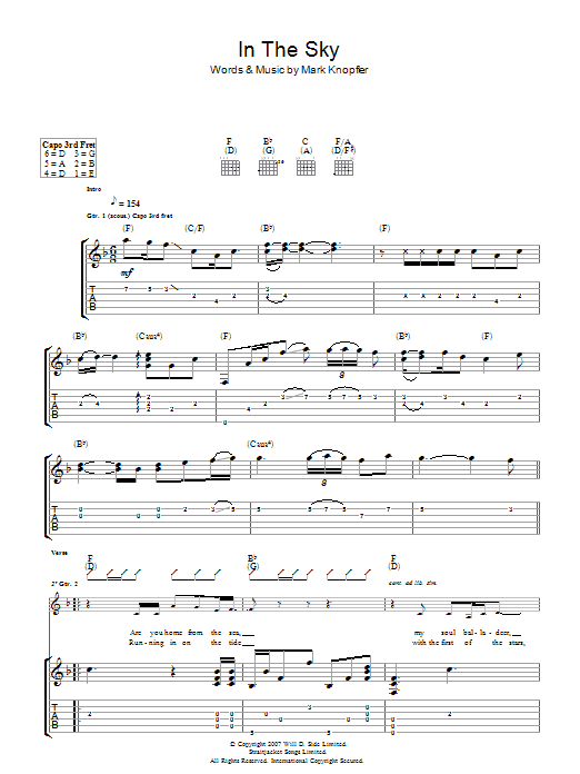 Mark Knopfler In The Sky Sheet Music Notes & Chords for Guitar Tab - Download or Print PDF