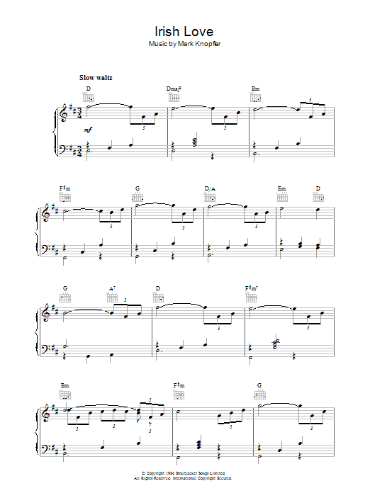 Mark Knopfler Irish Love (from Cal) Sheet Music Notes & Chords for Piano - Download or Print PDF