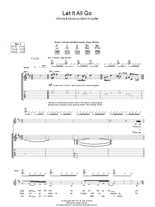 Mark Knopfler Let It All Go Sheet Music Notes & Chords for Guitar Tab - Download or Print PDF