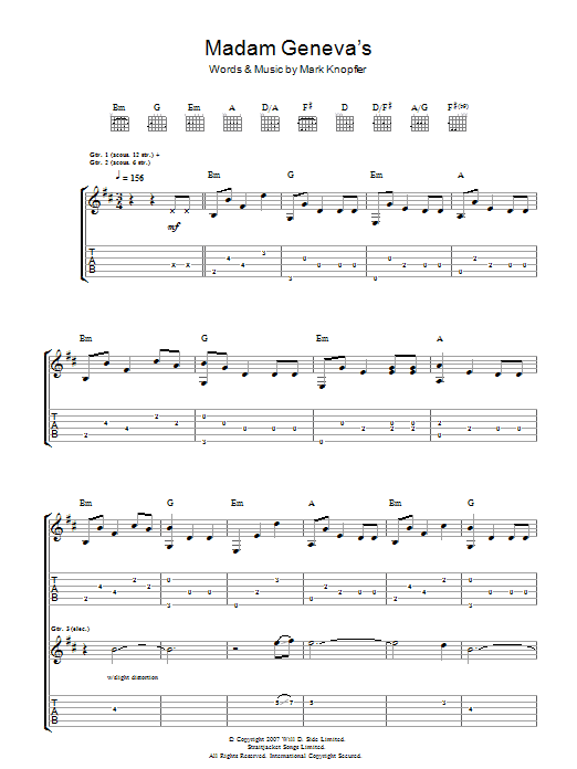 Mark Knopfler Madame Geneva's Sheet Music Notes & Chords for Guitar Tab - Download or Print PDF