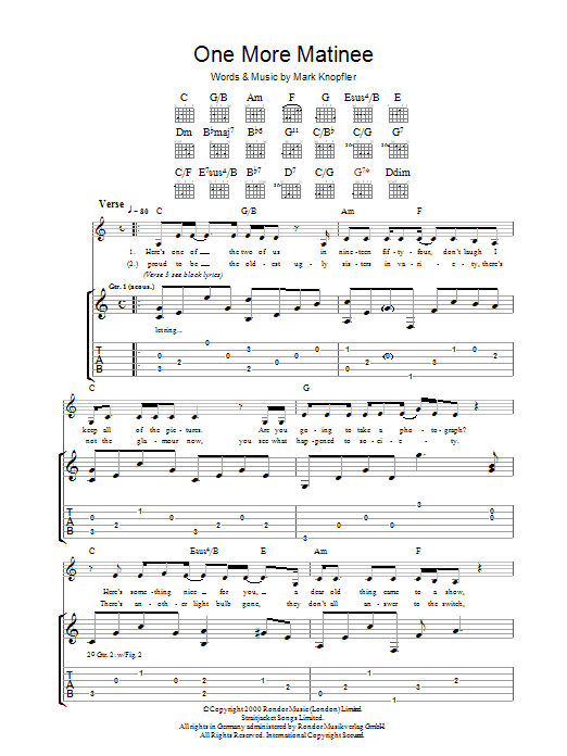 Mark Knopfler One More Matinee Sheet Music Notes & Chords for Guitar Tab - Download or Print PDF