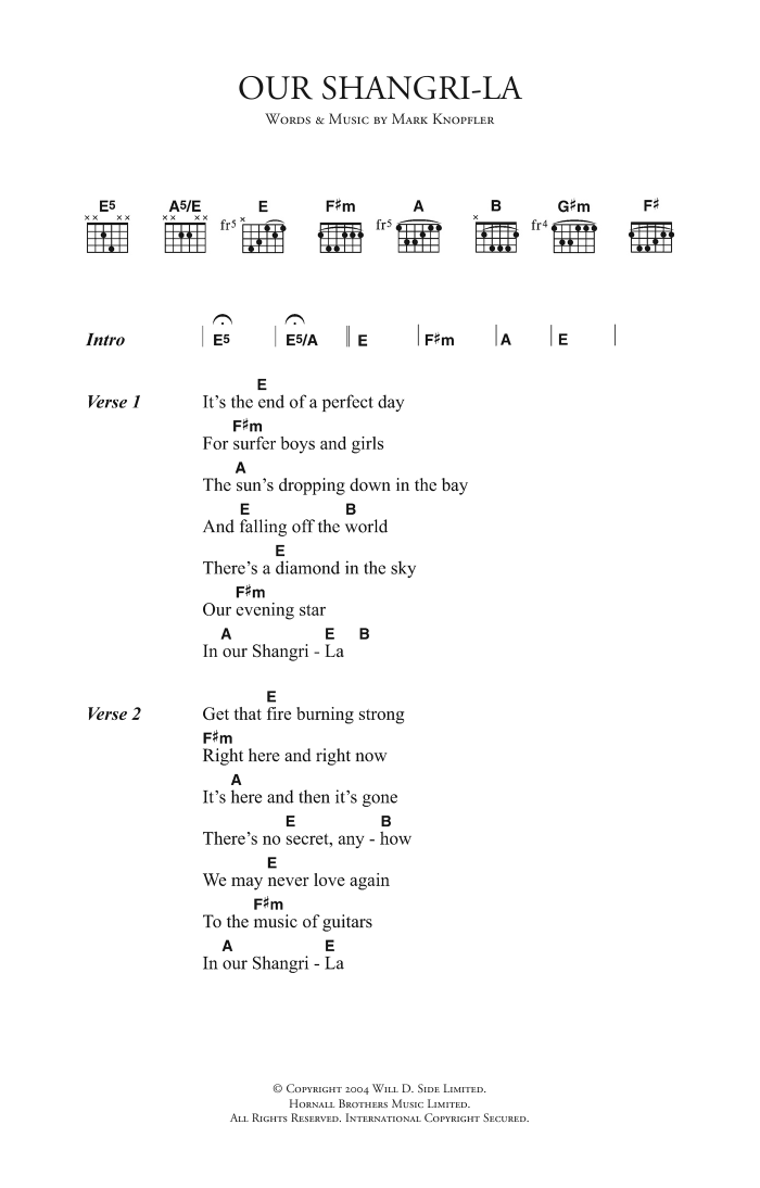 Mark Knopfler Our Shangri-La Sheet Music Notes & Chords for Lyrics & Chords - Download or Print PDF