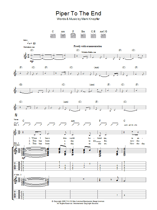 Mark Knopfler Piper To The End Sheet Music Notes & Chords for Guitar Tab - Download or Print PDF