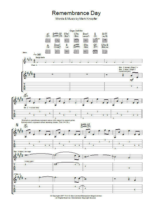 Mark Knopfler Remembrance Day Sheet Music Notes & Chords for Guitar Tab - Download or Print PDF