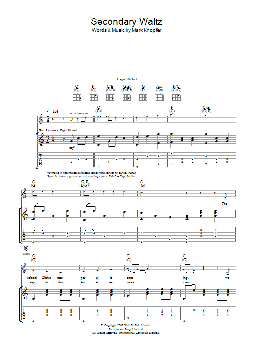 Mark Knopfler Secondary Waltz Sheet Music Notes & Chords for Guitar Tab - Download or Print PDF