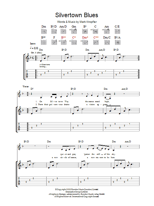 Mark Knopfler Silvertown Blues Sheet Music Notes & Chords for Guitar Tab - Download or Print PDF