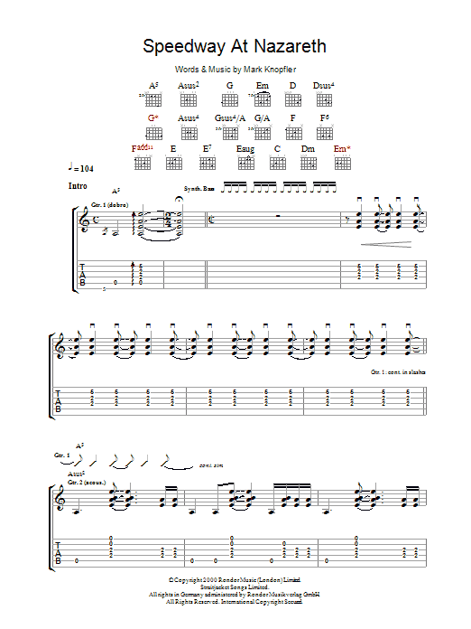 Mark Knopfler Speedway At Nazareth Sheet Music Notes & Chords for Guitar Tab - Download or Print PDF