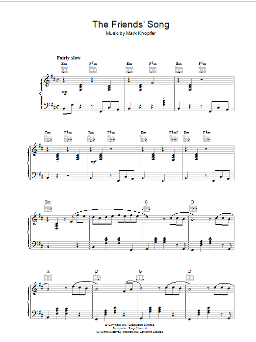 Mark Knopfler The Friends' Song (from The Princess Bride) Sheet Music Notes & Chords for Piano - Download or Print PDF