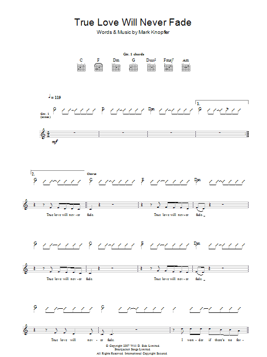 Mark Knopfler True Love Will Never Fade Sheet Music Notes & Chords for Guitar Tab - Download or Print PDF