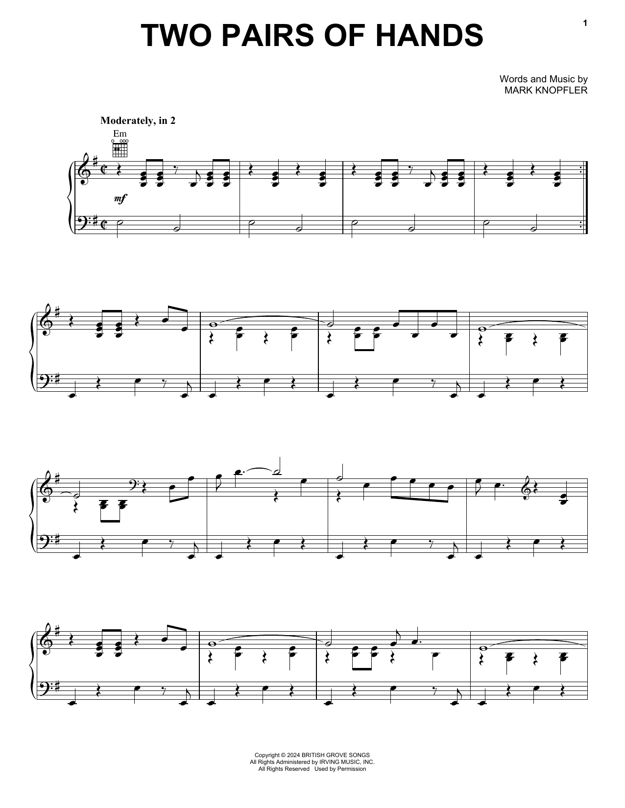 Mark Knopfler Two Pairs Of Hands Sheet Music Notes & Chords for Piano, Vocal & Guitar Chords (Right-Hand Melody) - Download or Print PDF