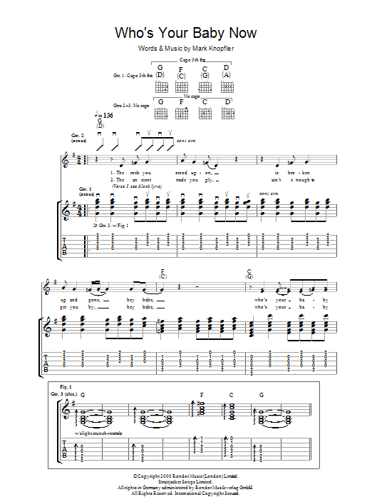 Mark Knopfler Who's Your Baby Now Sheet Music Notes & Chords for Guitar Tab - Download or Print PDF