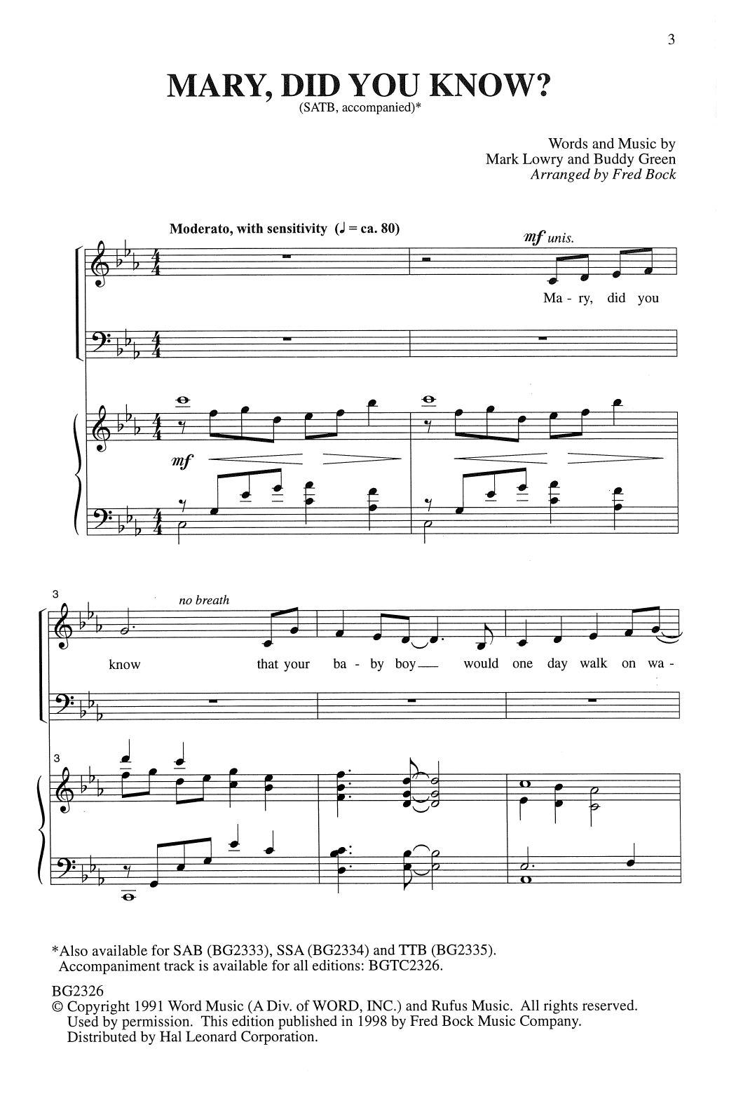 Mark Lowry Mary, Did You Know? (arr. Fred Bock) Sheet Music Notes & Chords for SATB Choir - Download or Print PDF