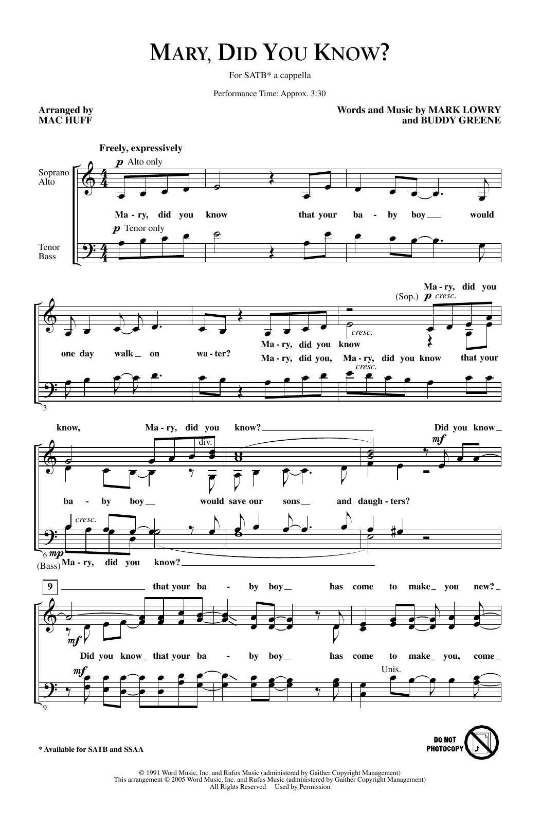 Mark Lowry Mary, Did You Know? (Arr. Mac Huff) Sheet Music Notes & Chords for SSA - Download or Print PDF