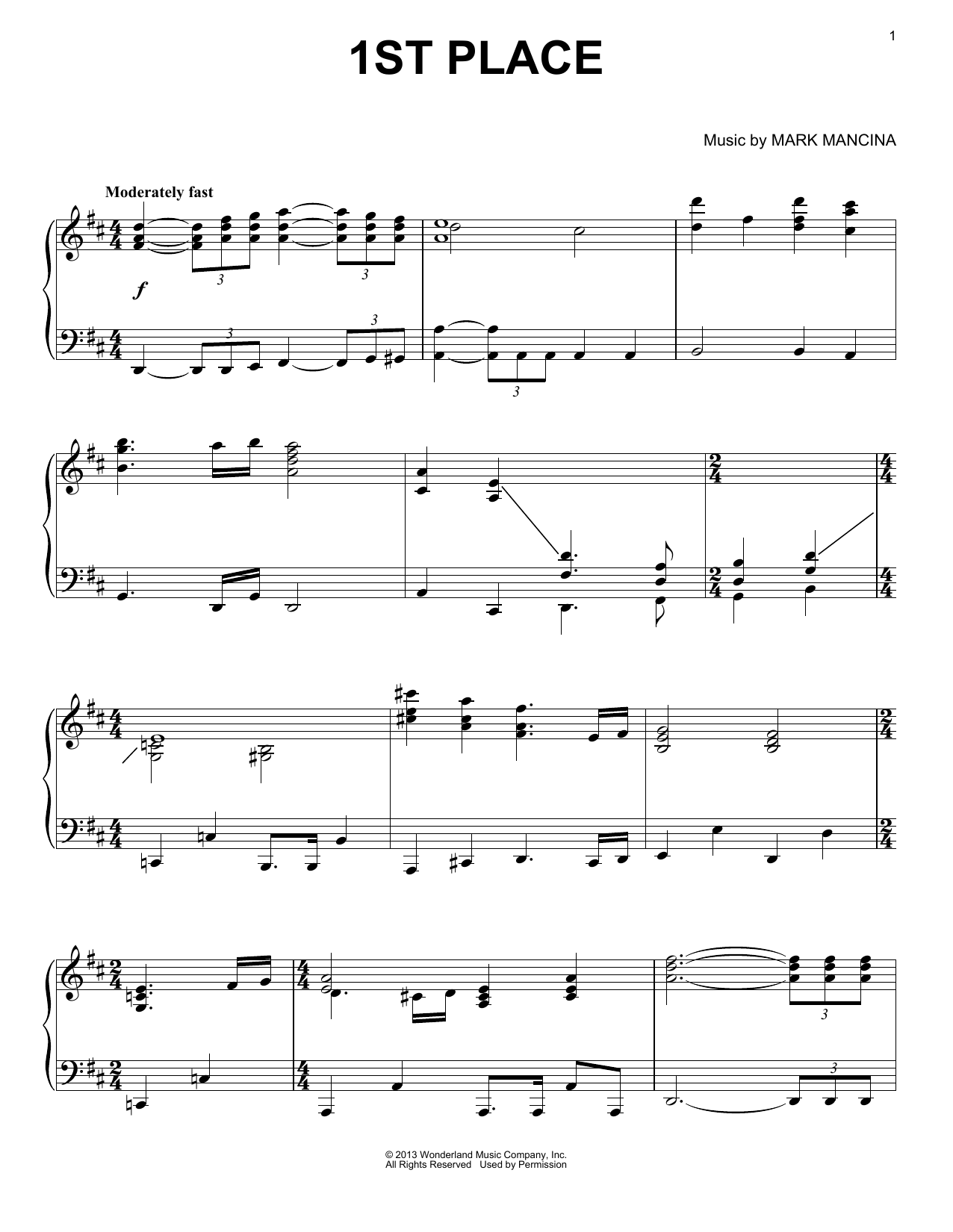 Mark Mancina 1st Place Sheet Music Notes & Chords for Piano - Download or Print PDF