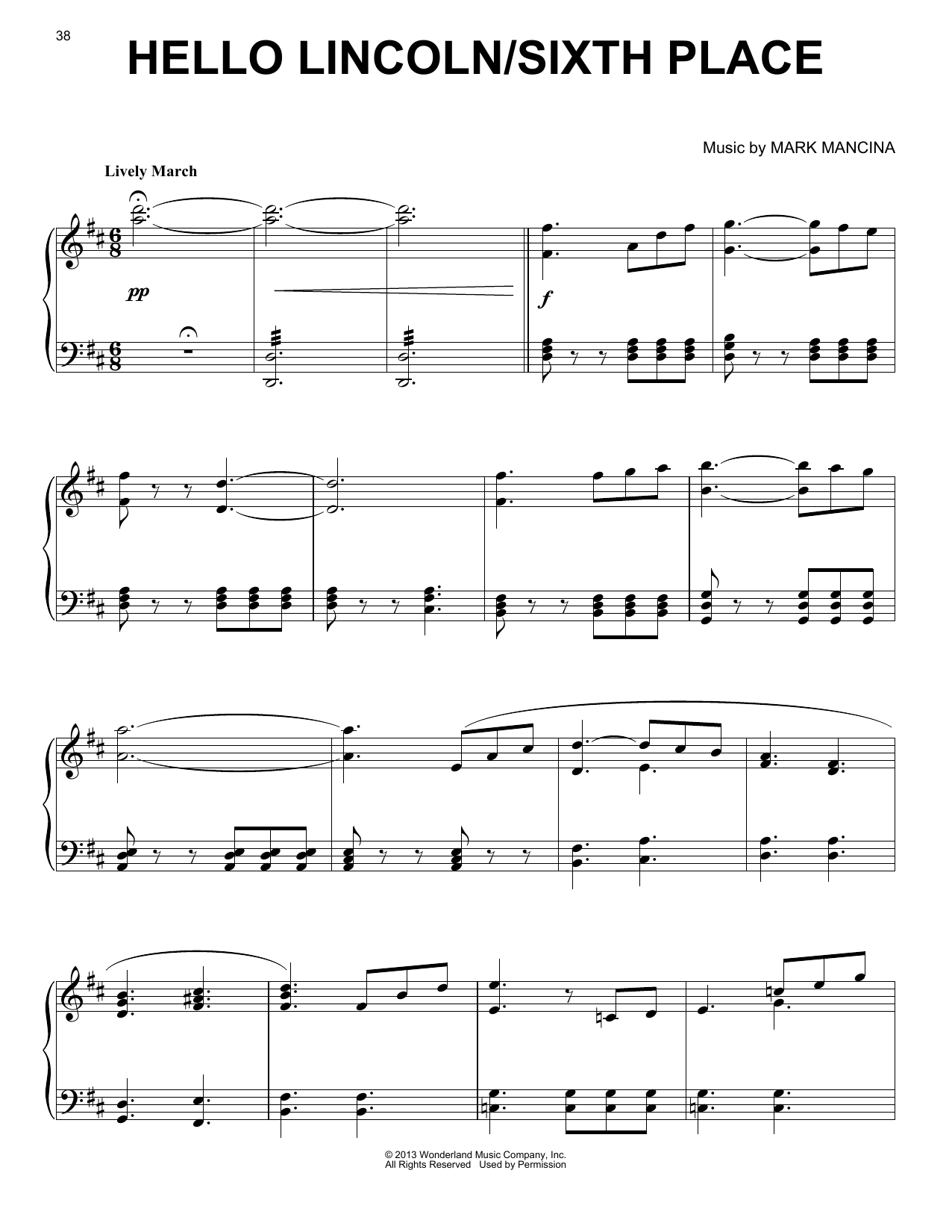Mark Mancina Hello Lincoln / Sixth Place Sheet Music Notes & Chords for Piano - Download or Print PDF