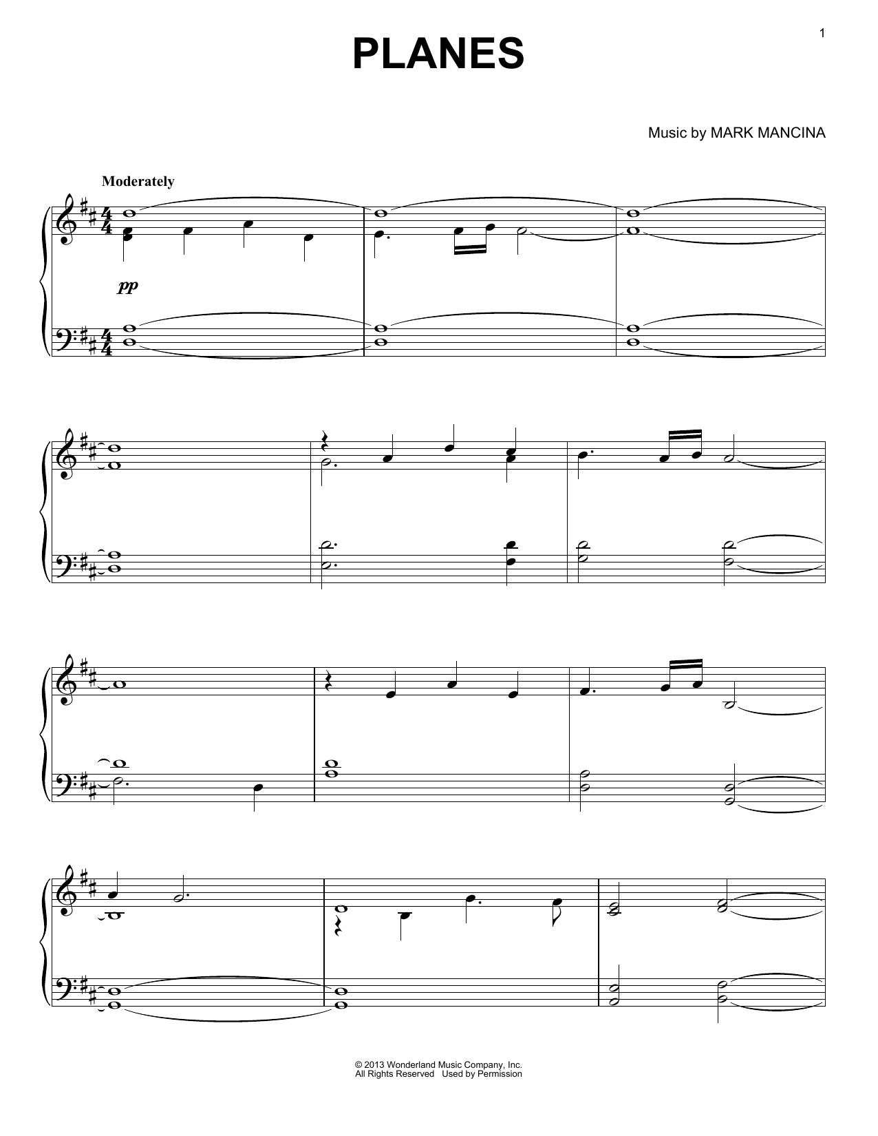 Mark Mancina Planes Sheet Music Notes & Chords for Piano - Download or Print PDF