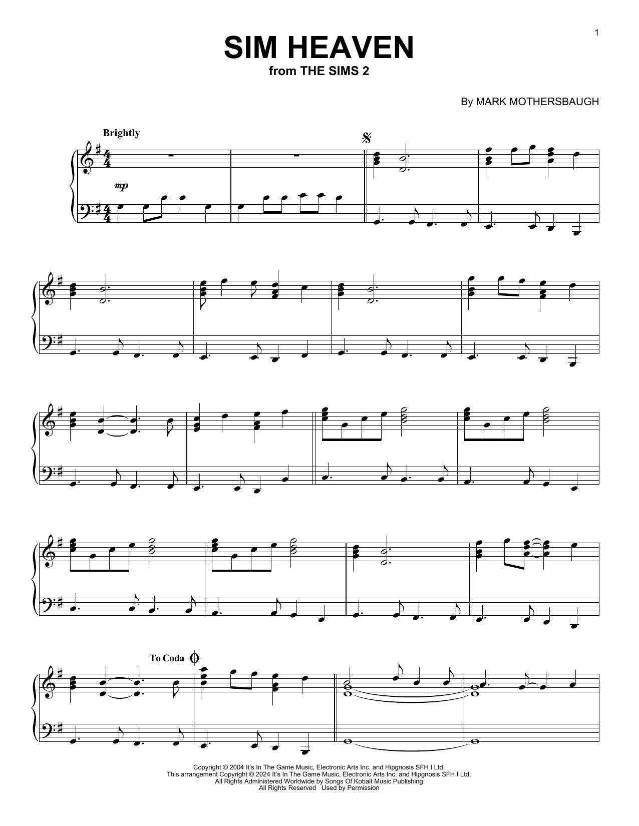 Mark Mothersbaugh Sim Heaven (from The Sims 2) Sheet Music Notes & Chords for Piano Solo - Download or Print PDF