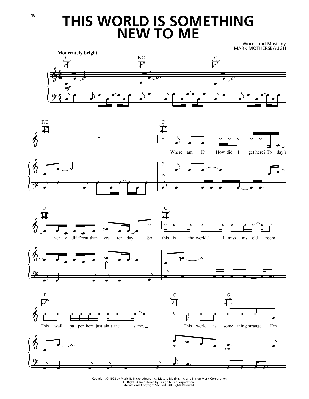 Mark Mothersbaugh This World Is Something New To Me (from The Rugrats Movie) Sheet Music Notes & Chords for Piano, Vocal & Guitar Chords (Right-Hand Melody) - Download or Print PDF