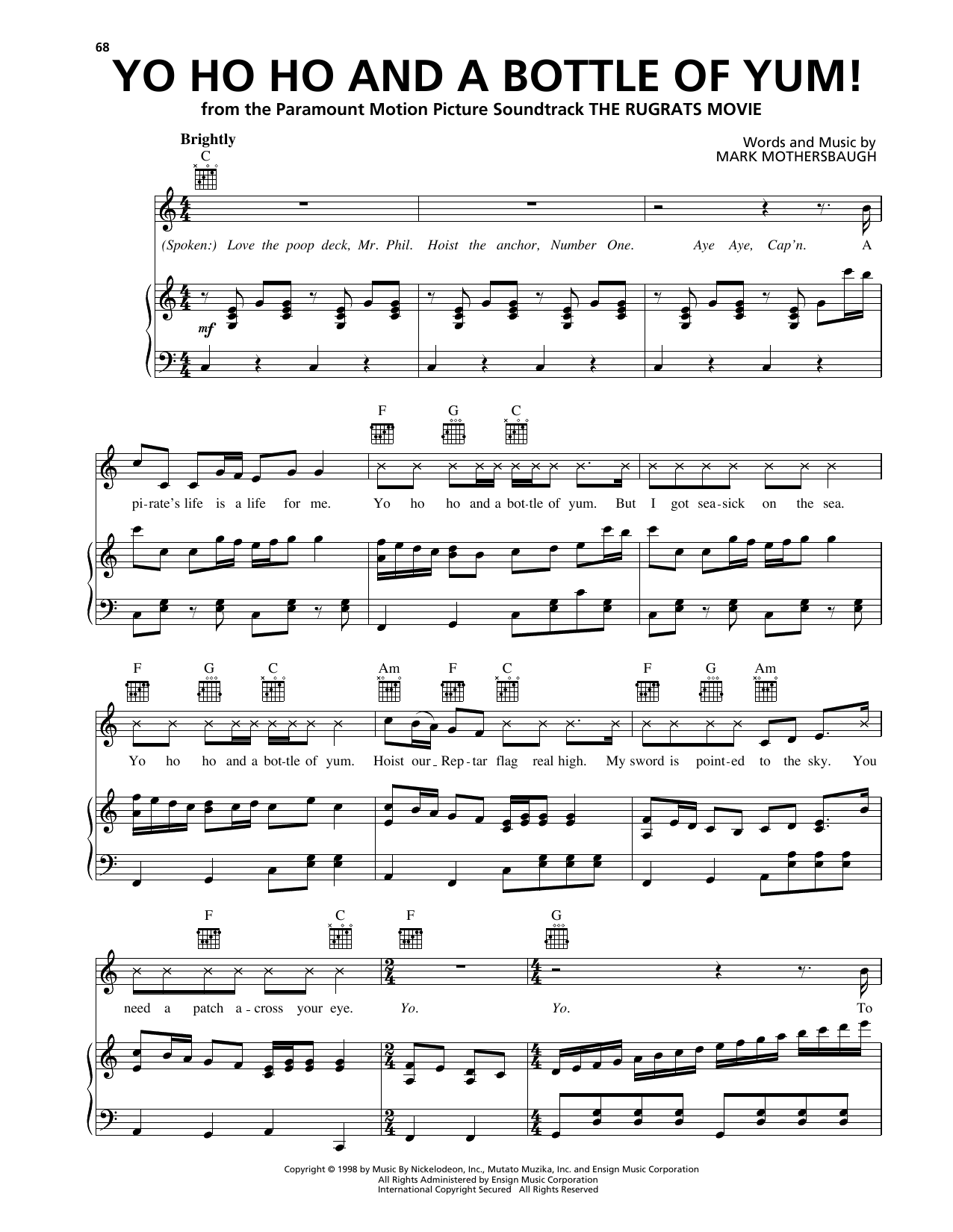 Mark Mothersbaugh Yo Ho Ho And A Bottle Of Yum! (from The Rugrats Movie) Sheet Music Notes & Chords for Piano, Vocal & Guitar Chords (Right-Hand Melody) - Download or Print PDF